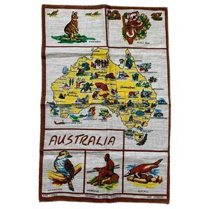 Souvenir Australia Map Linen Tea Kitchen Towel  Travel Kangaroo Koala Vintage